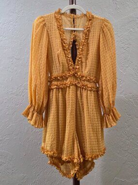 Textured Gingham Romper With Balloon Sleeves